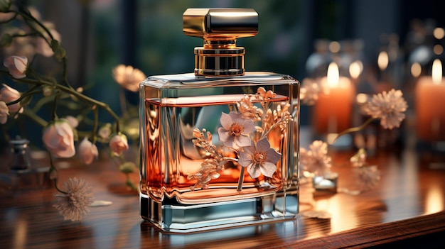 a bottle of perfume with flower on top of a table