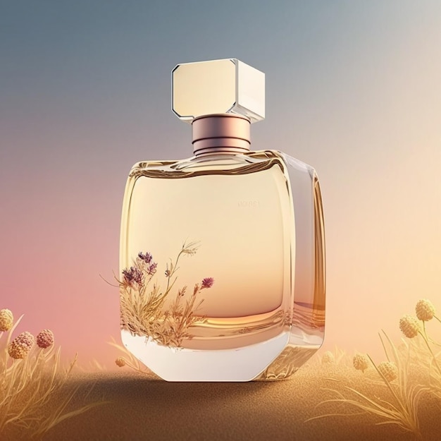 A bottle of perfume with a flower on the top.