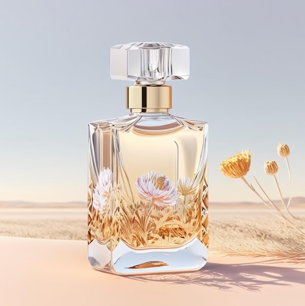 A bottle of perfume with a flower on the top.