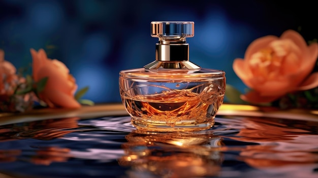 A bottle of perfume with a flower on the top