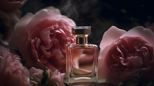 A bottle of perfume with flowers in the background