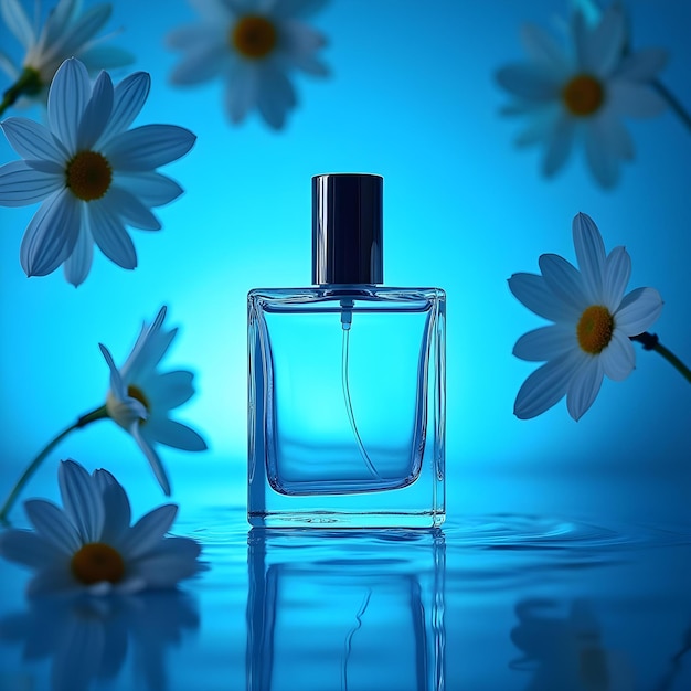 a bottle of perfume with flowers on a blue background