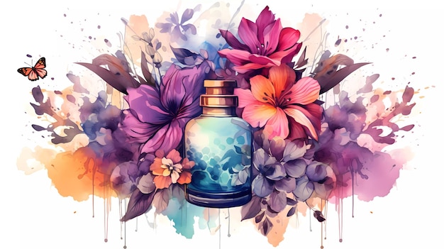 A bottle of perfume with flowers and a blue bottle