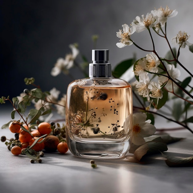 A bottle of perfume with flowers and a branch of a tree.