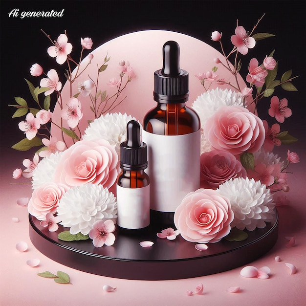 A bottle of perfume with flowers on a concept background