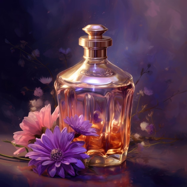 A bottle of perfume with flowers on it