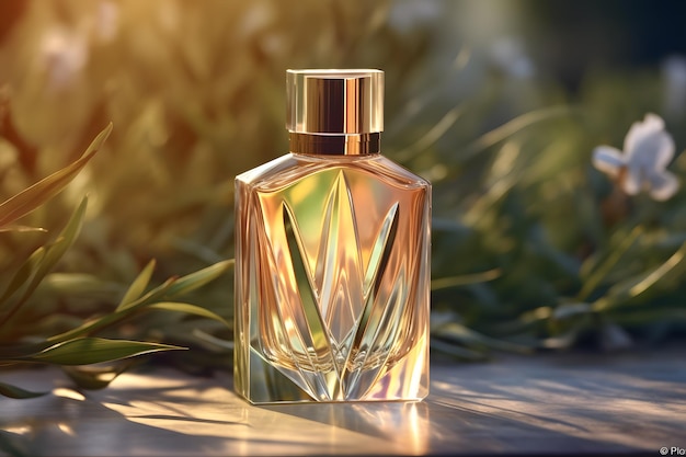 Bottle of perfume with flowers near the window and rays of light