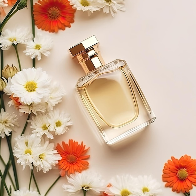 A bottle of perfume with flowers on a pink background