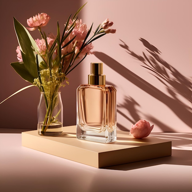 Bottle of perfume with flowers on pink background