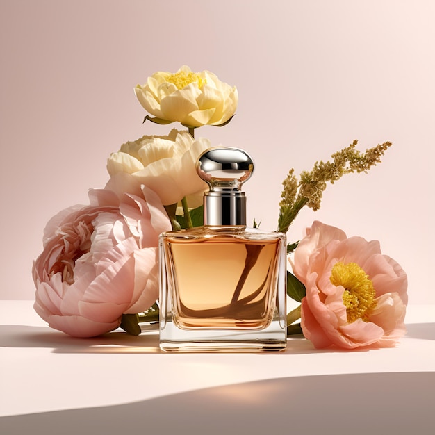 Bottle of perfume with flowers on pink background