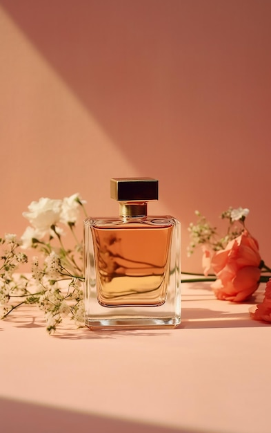 A bottle of perfume with flowers on a pink background