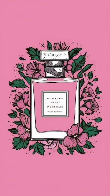 Photo bottle of perfume with flowers on pink background