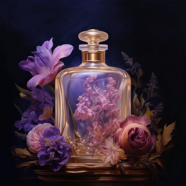 A bottle of perfume with flowers and a purple background.