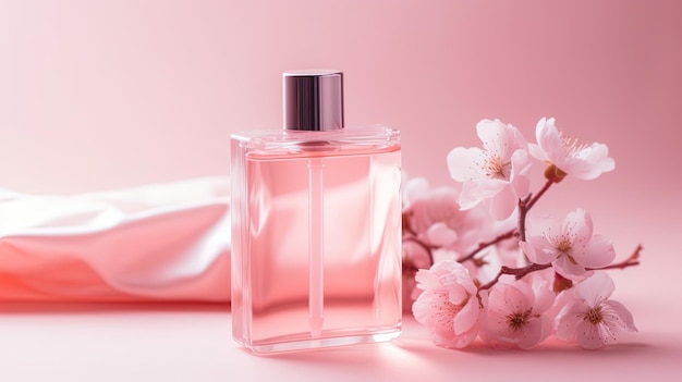 A bottle of perfume with flowers on the side