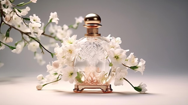 A bottle of perfume with flowers on the side