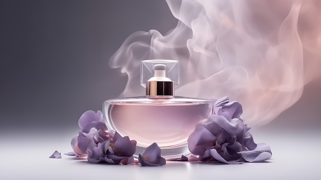 A bottle of perfume with flowers on the table