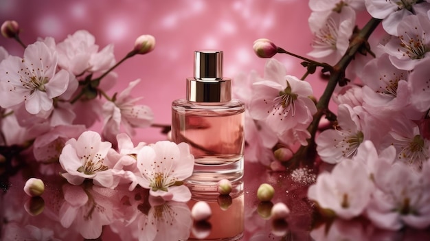 A bottle of perfume with flowers on the table