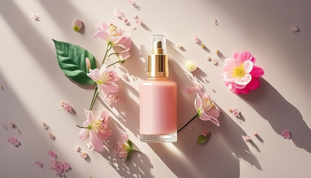 a bottle of perfume with flowers on the wall