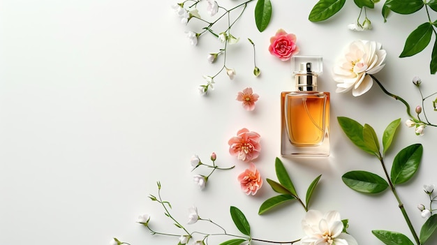 a bottle of perfume with flowers on a white background