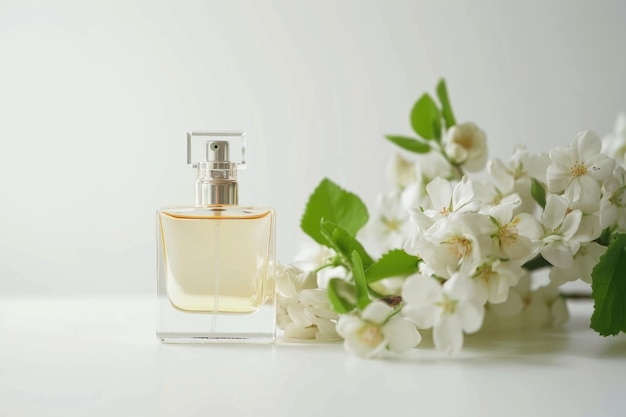 Bottle of perfume with flowers on white background