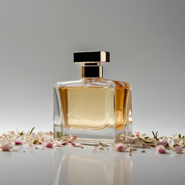 Photo a bottle of perfume with flowers and a white background