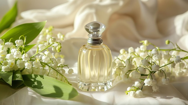 a bottle of perfume with flowers on a white cloth