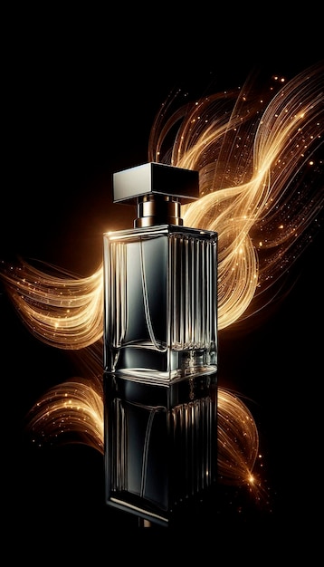 a bottle of perfume with a gold background and a colorful swirl in the middle