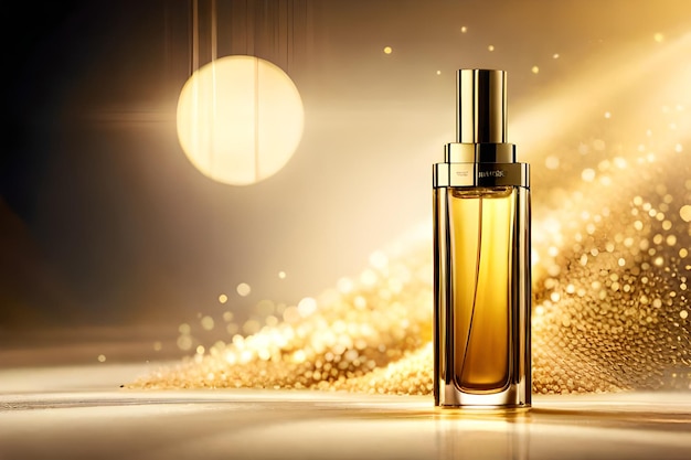 A bottle of perfume with a gold background