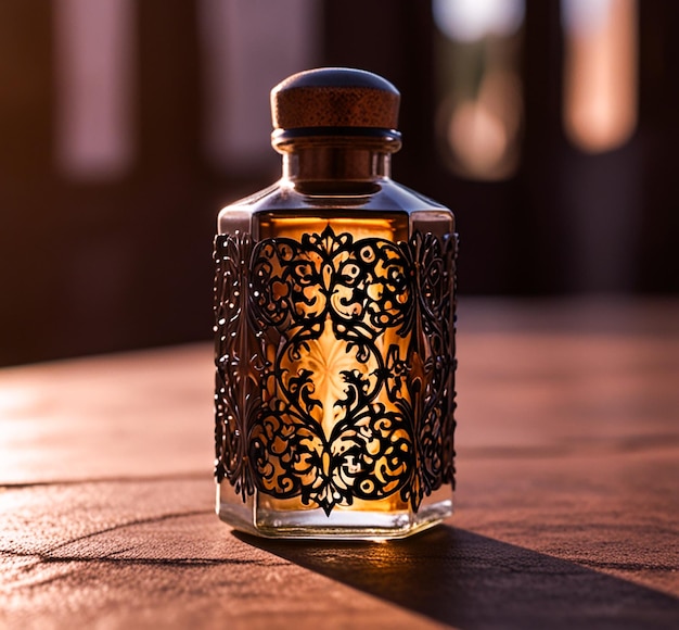 Photo a bottle of perfume with a gold design on the top