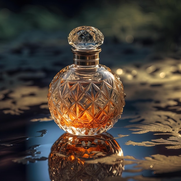 A bottle of perfume with a gold leaf pattern on the side.