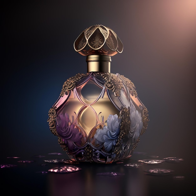 A bottle of perfume with a gold and purple design on the front ai generated