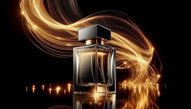 Photo a bottle of perfume with gold swirls behind it