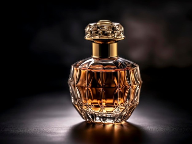 A bottle of perfume with a gold top and a gold top.