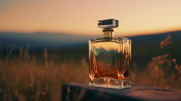 A bottle of perfume with a golden sunset in the background.