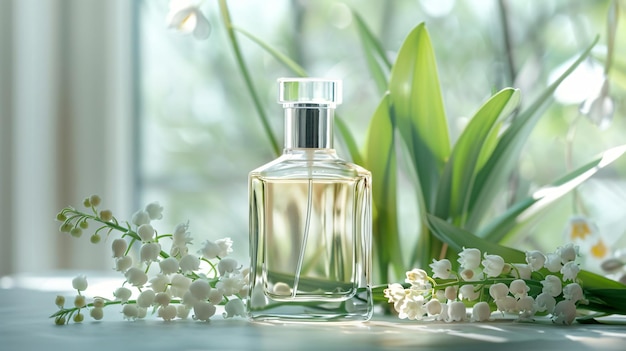 a bottle of perfume with a green plant in the background