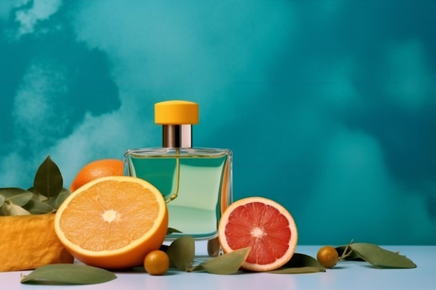 A bottle of perfume with oranges and grapefruit on a blue background