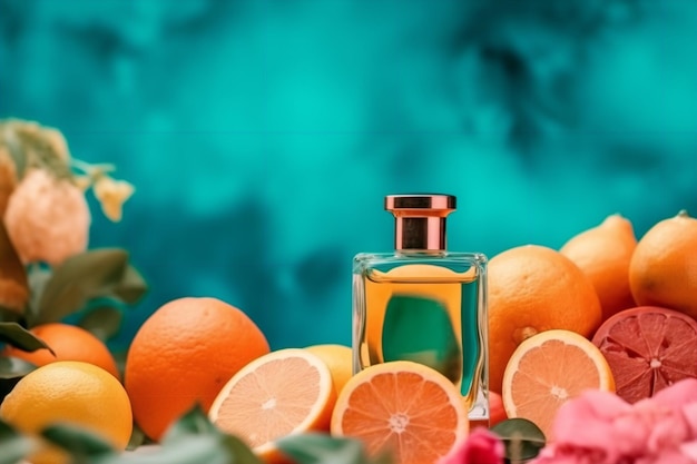 A bottle of perfume with oranges and lemons on a blue background