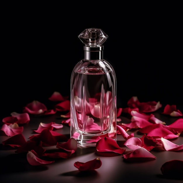 A bottle of perfume with petals on the table