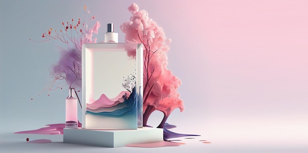 Photo a bottle of perfume with a pink background and a pink cloud in the background