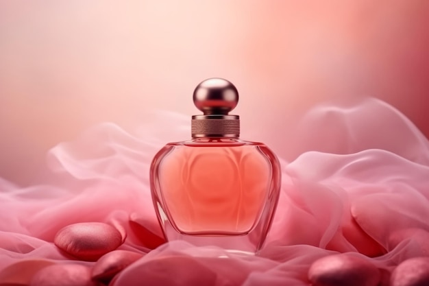 A bottle of perfume with a pink background and the word love on it.