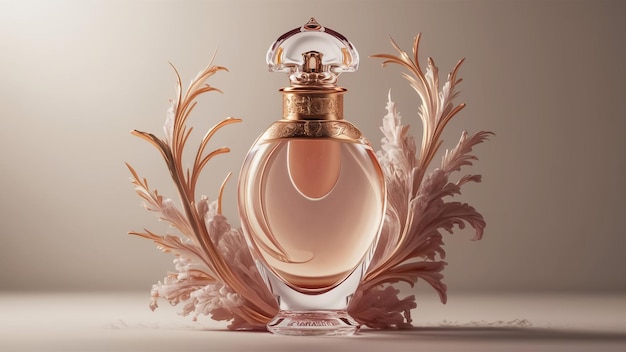 a bottle of perfume with a pink feathered top