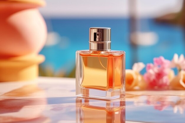 A bottle of perfume with a pink flower in the background