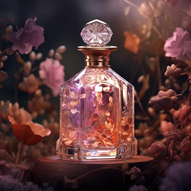 A bottle of perfume with a pink flower in the background.