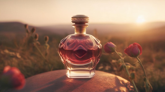 A bottle of perfume with a pink flower in the background