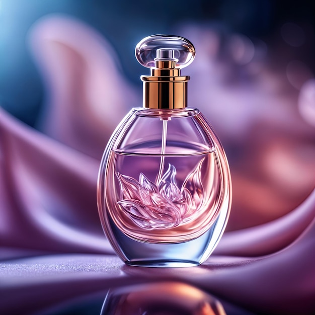 Bottle of perfume with a pink flower design on the front placed against a blurred background that appears to be a pink fabric or surface