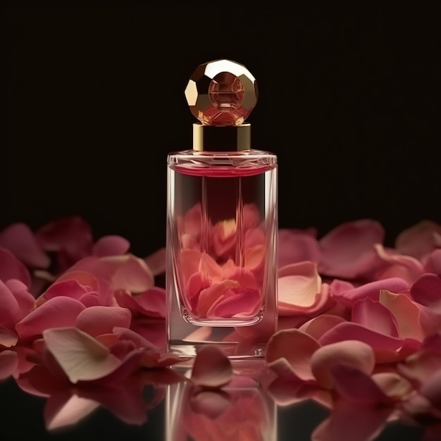 A bottle of perfume with a pink flower petals on the table.