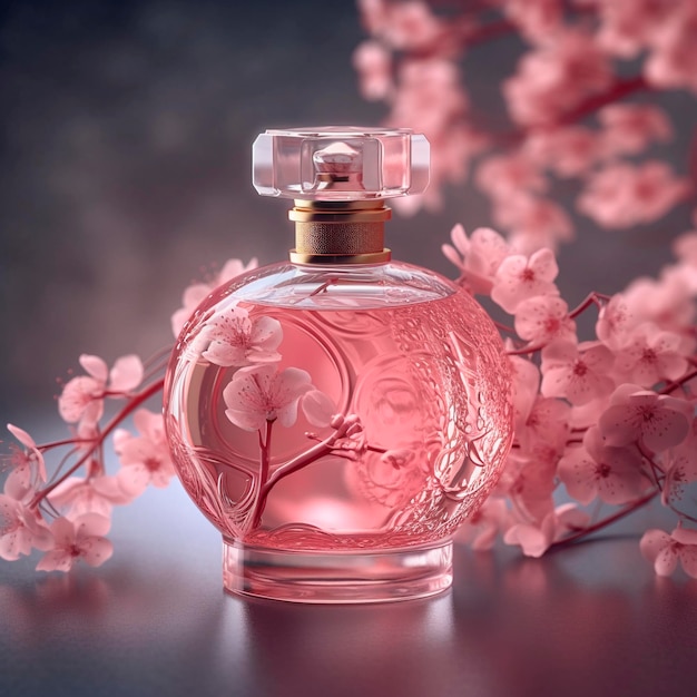 A bottle of perfume with pink flowers on the side.