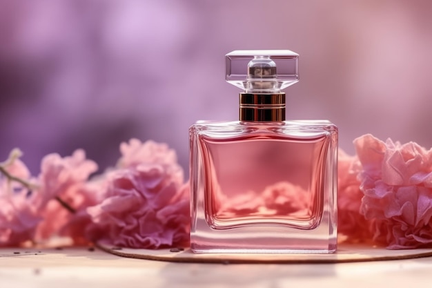 A bottle of perfume with pink flowers on a wooden table