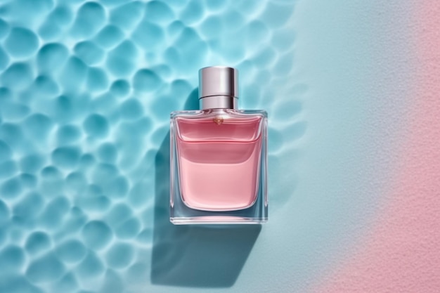 A bottle of perfume with a pink label