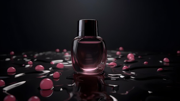 A bottle of perfume with pink liquid on a black background